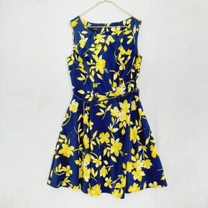 Alyx Yellow & Blue Floral Sleeveless Boat Neck Flared Mini Dress 2972